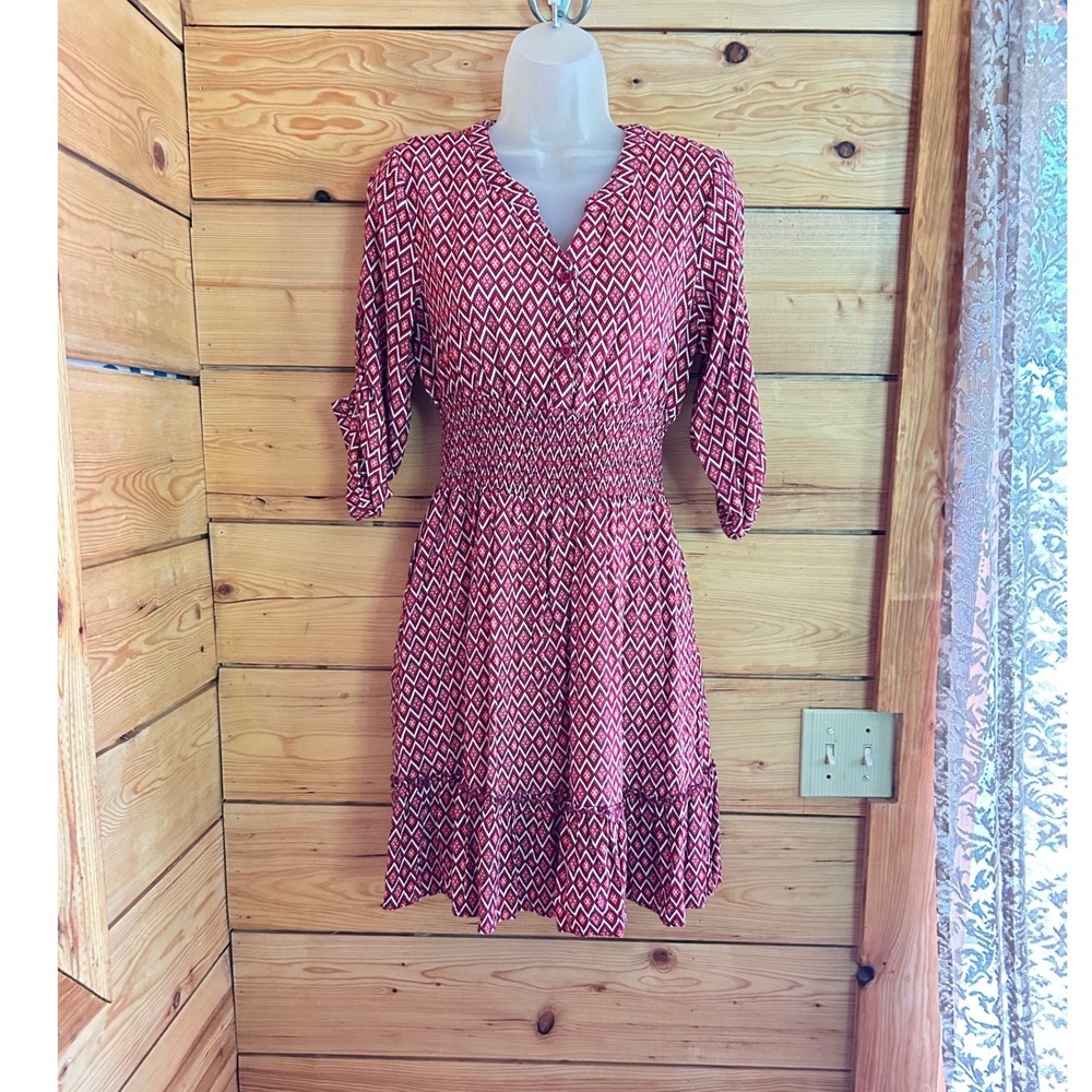 Kayla‎ Dress Peony Women Small Red Geometric Smocked Glam & Fame Peasant Cottage